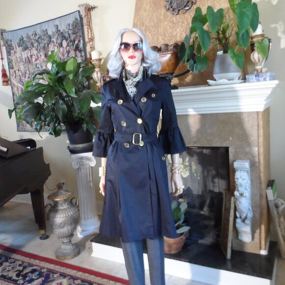 New Burberry London Black Belted Double Breasted Cotton Twill Tench Coat Size 6